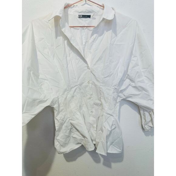 NATORI White Peplum Hem Voluminous Sleeves Techno Polplin Blouse Top Size 4 - Picture 7 of 11